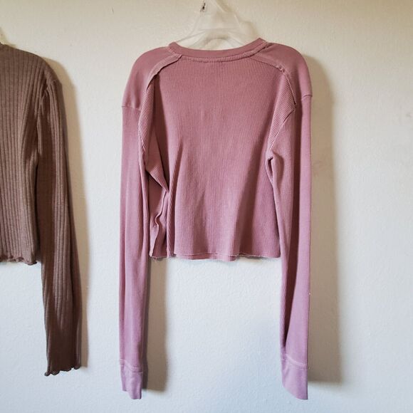 Long Sleeve Crop Top Womens XS/S Wild Fable Shein Pair 2 Pink Brown Waffle Knit - Picture 11 of 15
